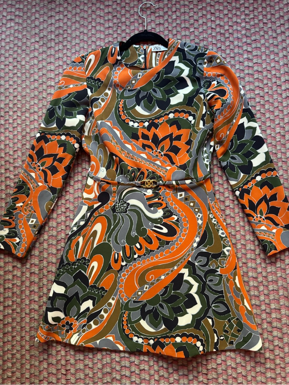 Zara Orange, Olive & Black Long Sleeve Printed Mini Dress